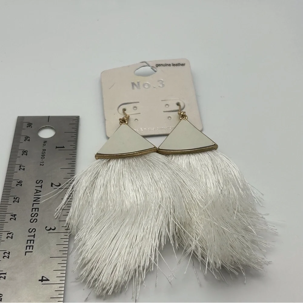 No. 3 White Genuine Leather Dangle Large Tassel Earrings Gold Tone Hook